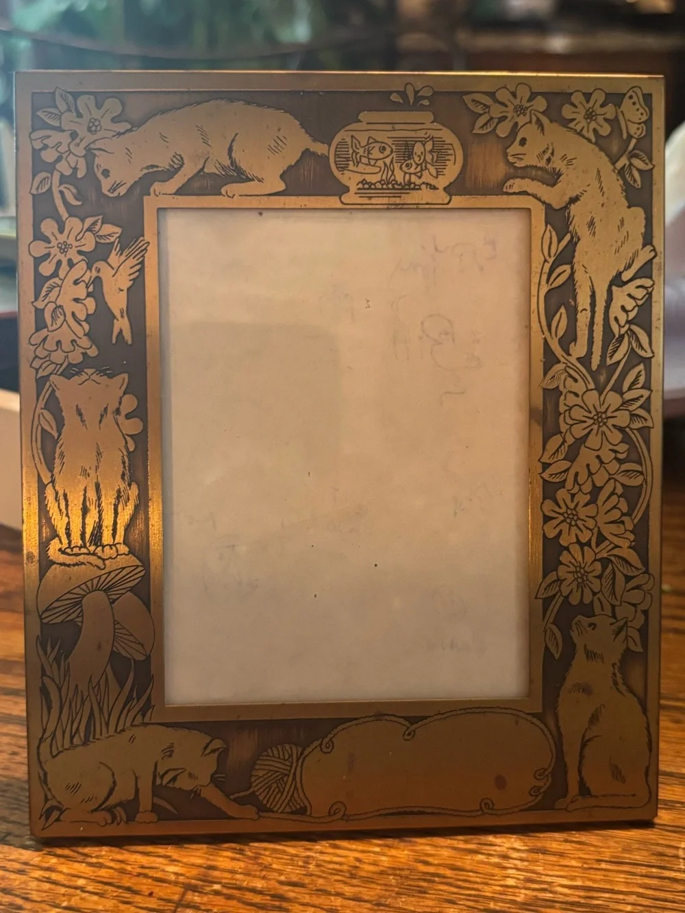 Vintage Brass Cat Art Nouveau Photo Frame MW Carr & Co Embossed 5” x 6” Stamped